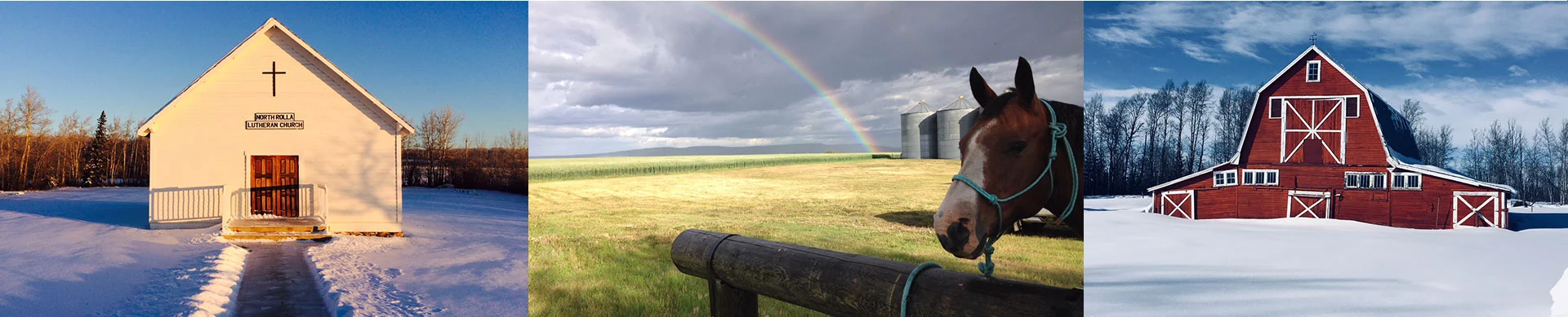 Dawson Creek lutheran church in the snow, horse in a large green field, and a tall red barn